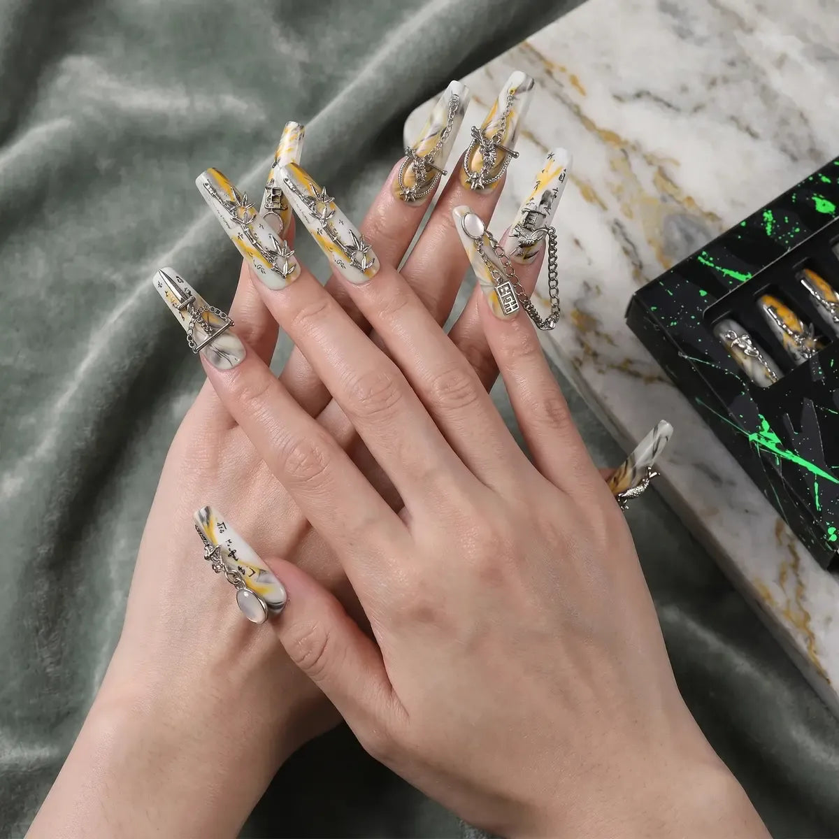 Press on Nails Kentrim Chinese Ink Bamboo Sword XL Long Coffin Press On Nails - 30 Pieces, 15 Sizes Yellow