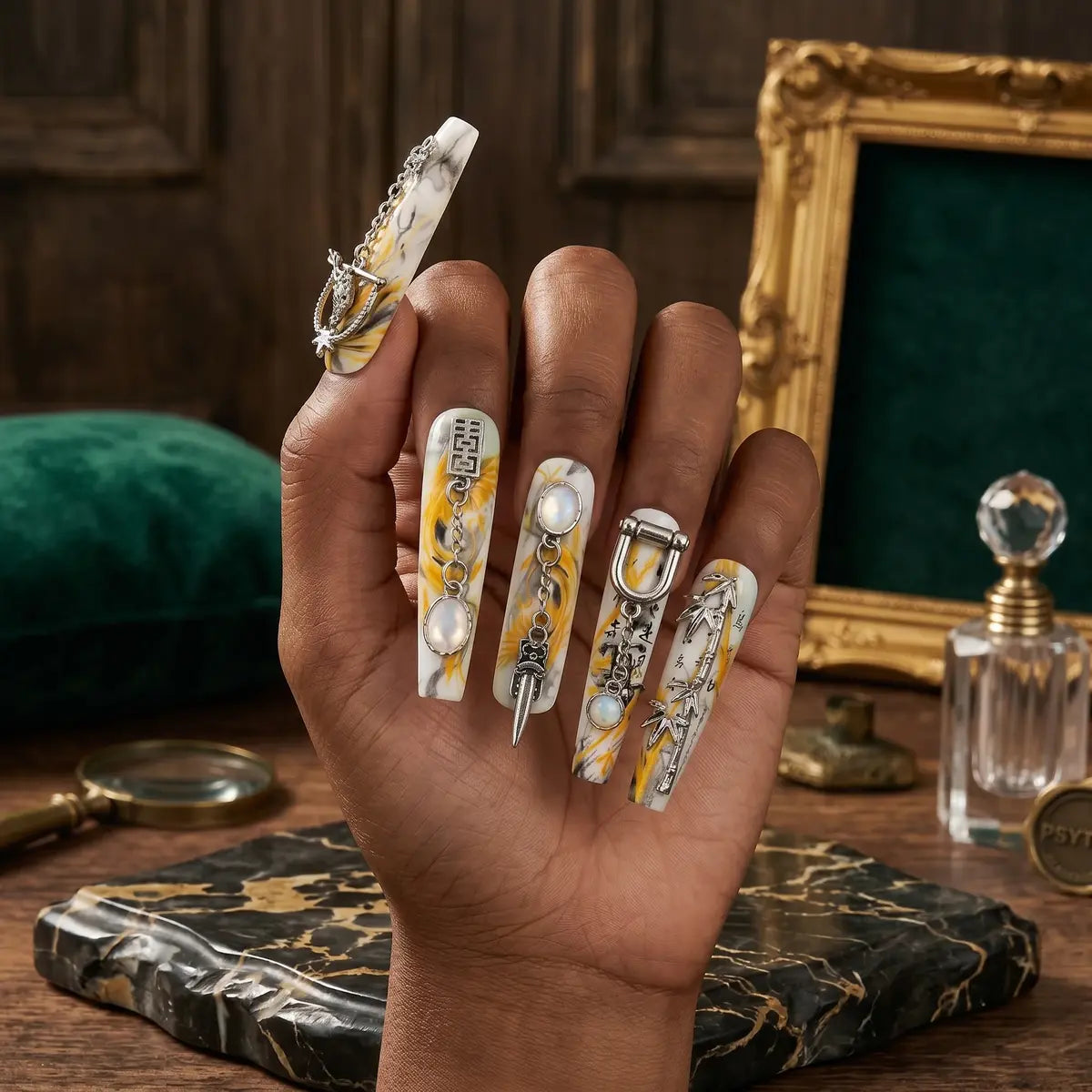 Press on Nails Kentrim Chinese Ink Bamboo Sword XL Long Coffin Press On Nails - 30 Pieces, 15 Sizes Yellow