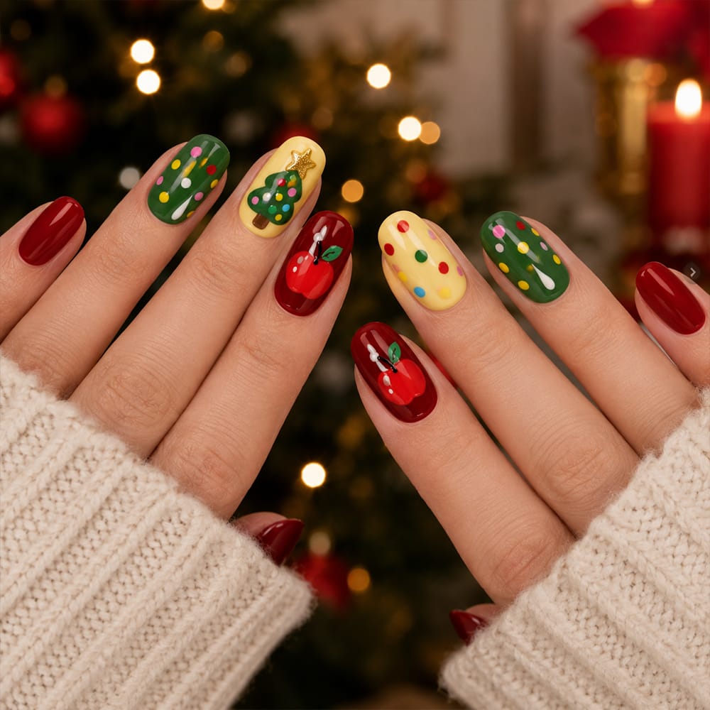 Press on Nails Kentrim Christmas Tree Apple Polka Dot Short Round Press On Nails - 30 Pieces, 15 Sizes Red