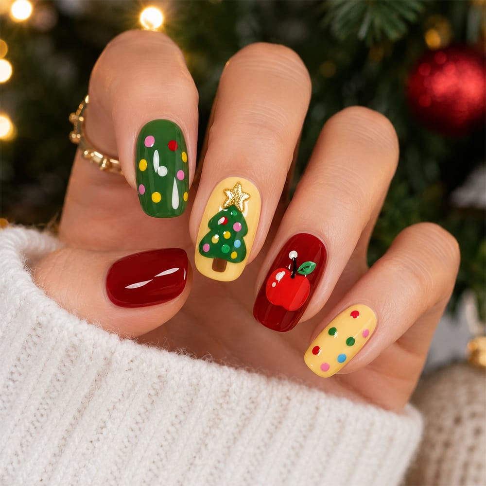 Press on Nails Kentrim Christmas Tree Apple Polka Dot Short Round Press On Nails - 30 Pieces, 15 Sizes Red
