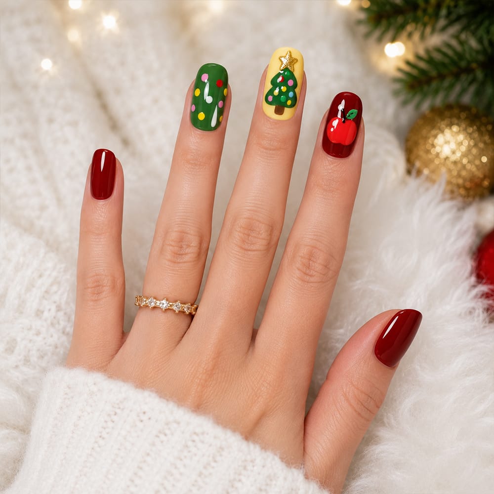 Press on Nails Kentrim Christmas Tree Apple Polka Dot Short Round Press On Nails - 30 Pieces, 15 Sizes Red