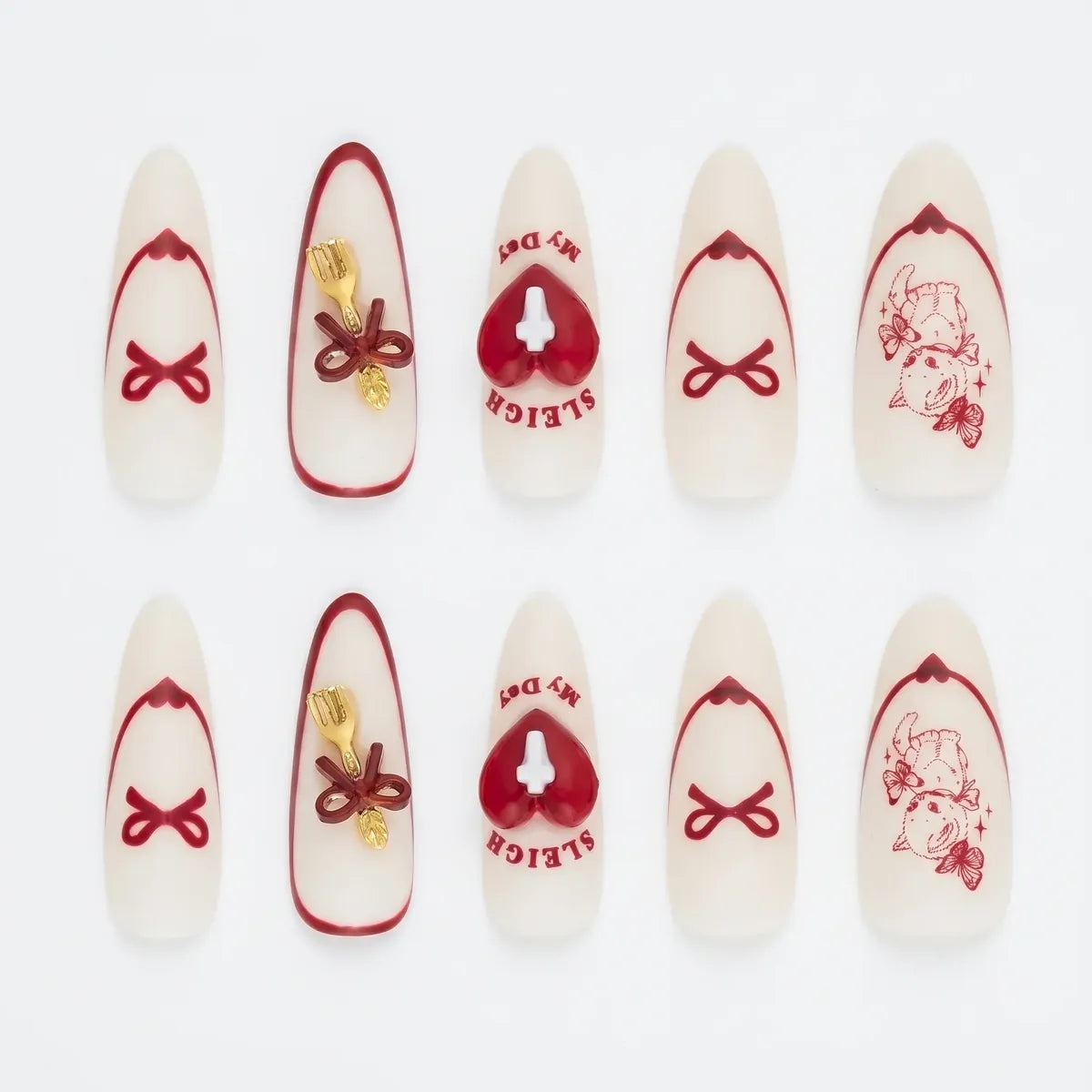 Heart Press On Nails – Cream Red Bow Almond Collection 30 Pieces, 15 Sizes Secondary image