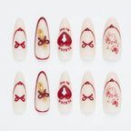 Press on Nails Kentrim Cream Red Heart Bow Almond Press On Nails - 30 Pieces, 15 Sizes White