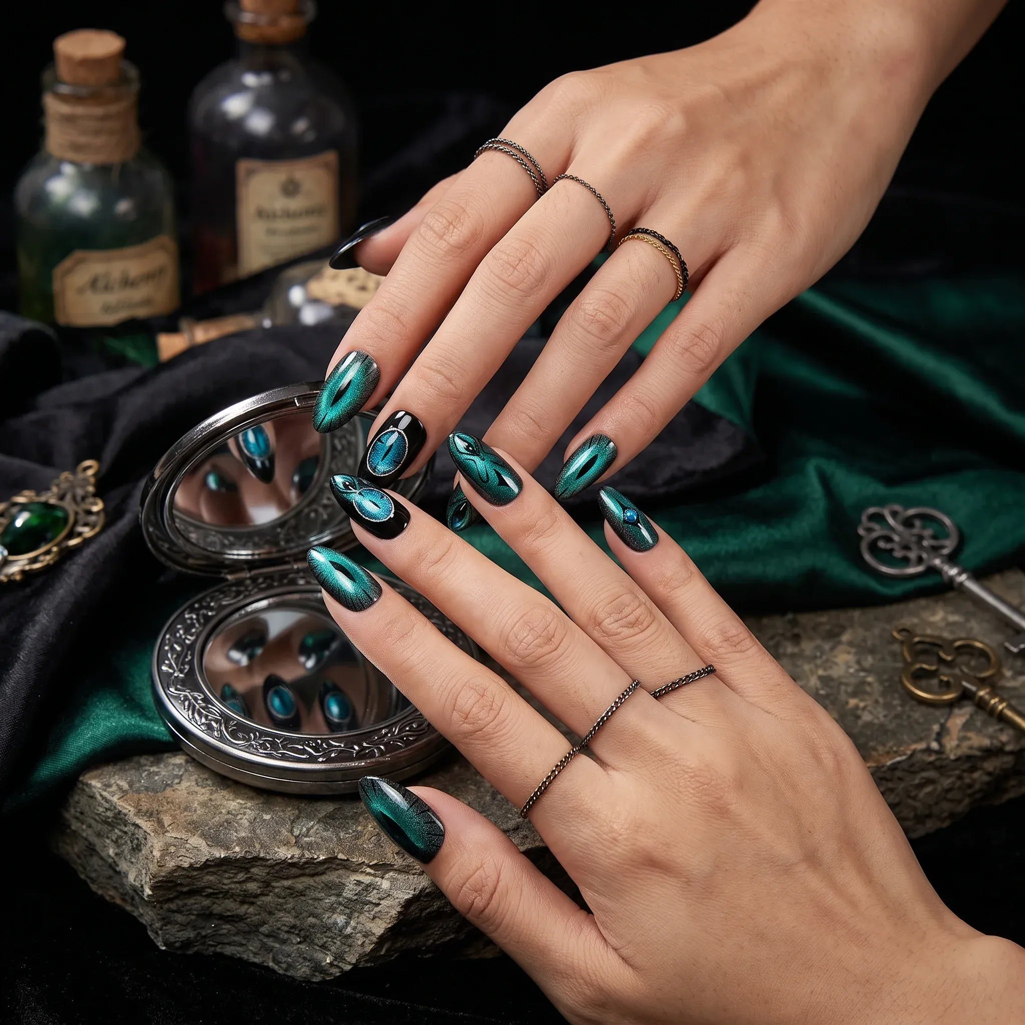 Kentrim Dark Green Cat Eye Evil Eye Rhinestone Long Almond Press On Nails - 24 Pieces 12 Sizes