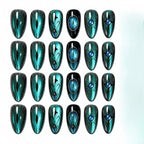 Kentrim Dark Green Cat Eye Evil Eye Rhinestone Long Almond Press On Nails - 24 Pieces 12 Sizes