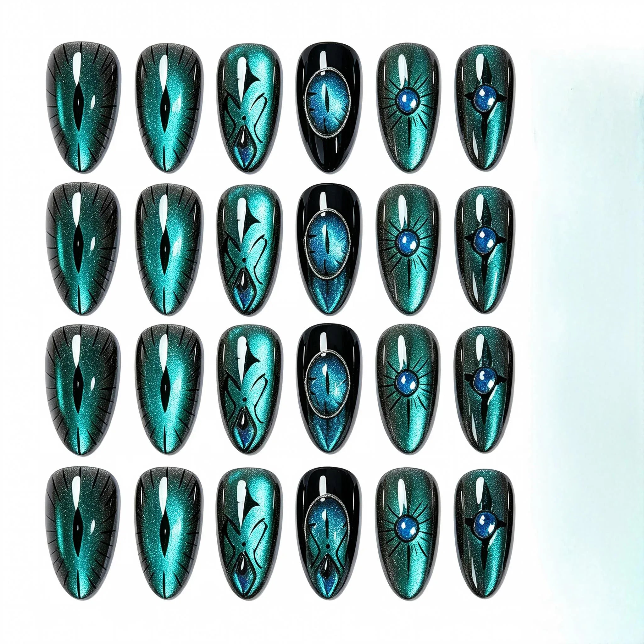 Kentrim dark green cat eye evil eye rhinestone long almond press-on nails, 24-piece set with 12 sizes, stylish and elegant nail design. Main image