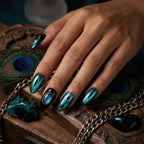 Kentrim Dark Green Cat Eye Evil Eye Rhinestone Long Almond Press On Nails - 24 Pieces 12 Sizes
