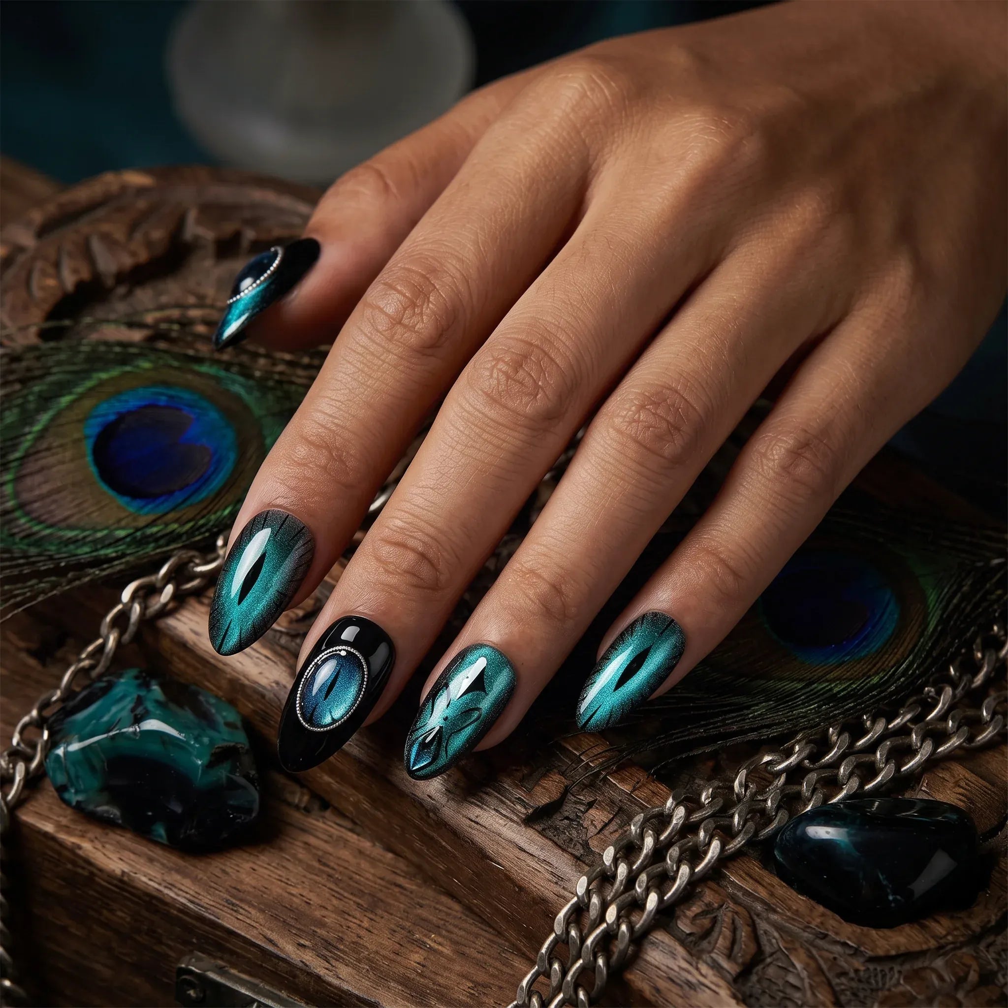 Kentrim Dark Green Cat Eye Evil Eye Rhinestone Long Almond Press On Nails - 24 Pieces 12 Sizes