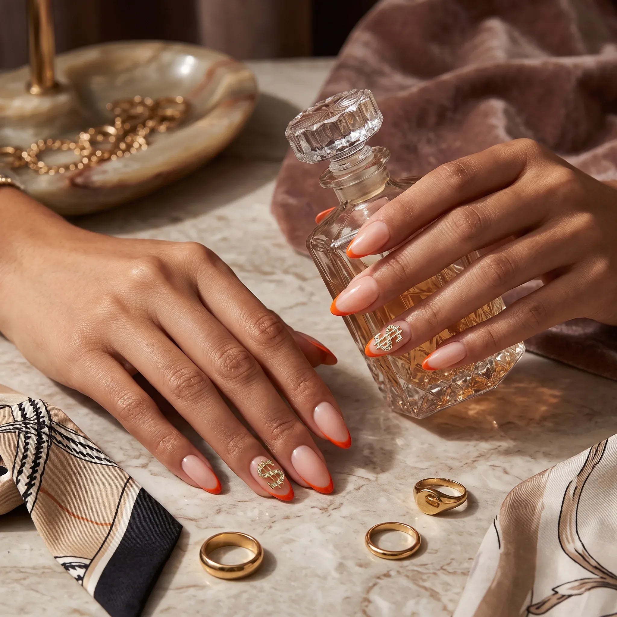 Kentrim French Tip Sign Almond Dollar Press On Nails, 30-piece set with 15 sizes, featuring orange French tip design. Main image