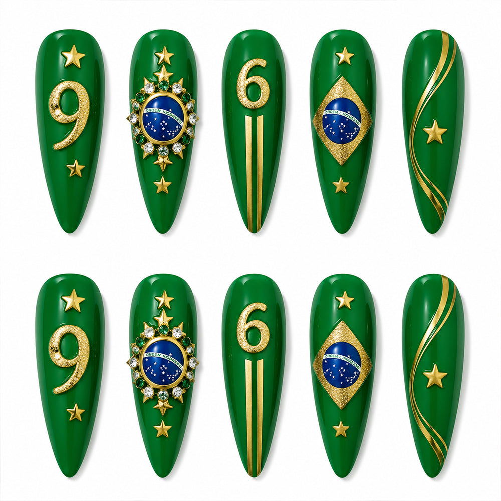 Kentrim Glossy Forest Green Gold Star Number Rhinestone Sports Fan Press On Nails - 24 Pieces 12 Sizes Main image