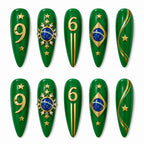 Kentrim Glossy Forest Green Gold Star Number Rhinestone Sports Fan Press On Nails - 24 Pieces 12 Sizes