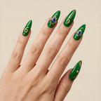 Kentrim Glossy Forest Green Gold Star Number Rhinestone Sports Fan Press On Nails - 24 Pieces 12 Sizes