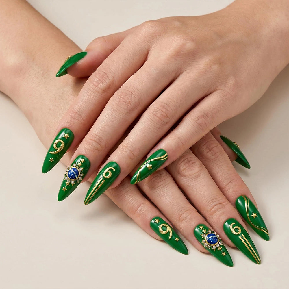 Kentrim Glossy Forest Green Gold Star Number Rhinestone Sports Fan Press On Nails - 24 Pieces 12 Sizes Secondary image