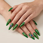 Kentrim Glossy Forest Green Gold Star Number Rhinestone Sports Fan Press On Nails - 24 Pieces 12 Sizes