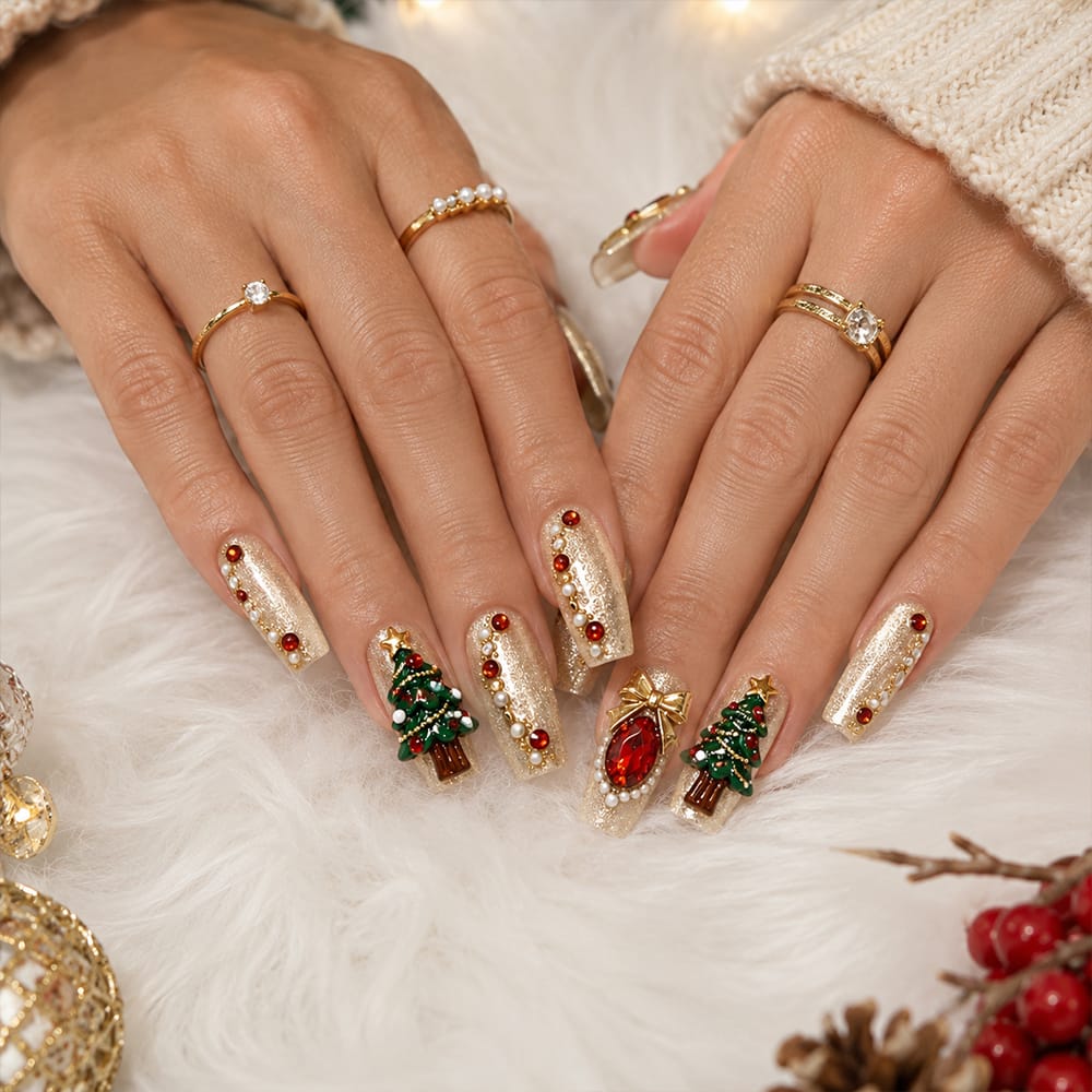 Kentrim gold glitter 3D Christmas tree and red rhinestone bow long coffin press-on nails, set of 30 in 15 sizes. Main image