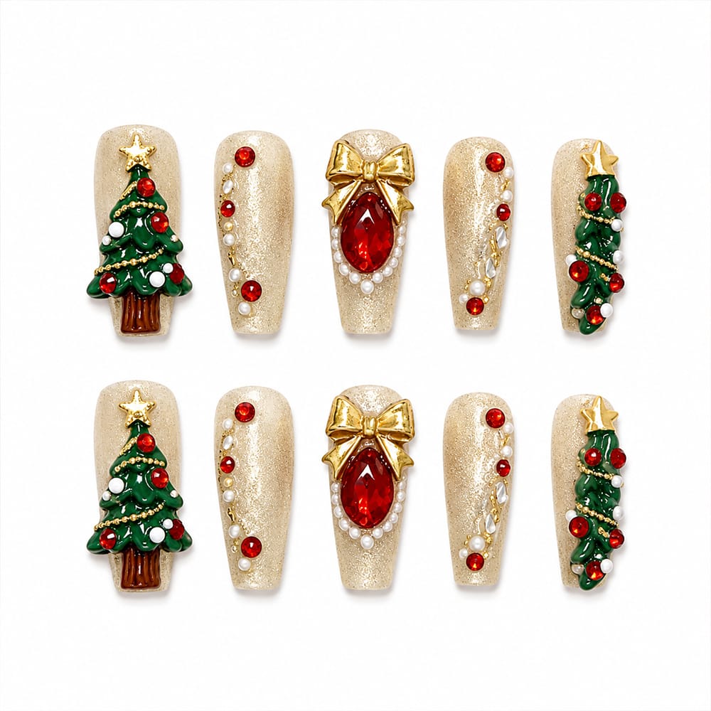 Kentrim Gold Glitter 3D Christmas Tree Red Rhinestone Bow Long Coffin Press On Nails - 30 Pieces, 15 Sizes Secondary image