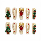 Press on Nails Kentrim Gold Glitter 3D Christmas Tree Red Rhinestone Bow Long Coffin Press On Nails - 30 Pieces, 15 Sizes Gold