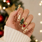 Press on Nails Kentrim Gold Glitter 3D Christmas Tree Red Rhinestone Bow Long Coffin Press On Nails - 30 Pieces, 15 Sizes Gold