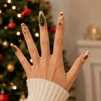 Press on Nails Kentrim Gold Glitter 3D Christmas Tree Red Rhinestone Bow Long Coffin Press On Nails - 30 Pieces, 15 Sizes Gold