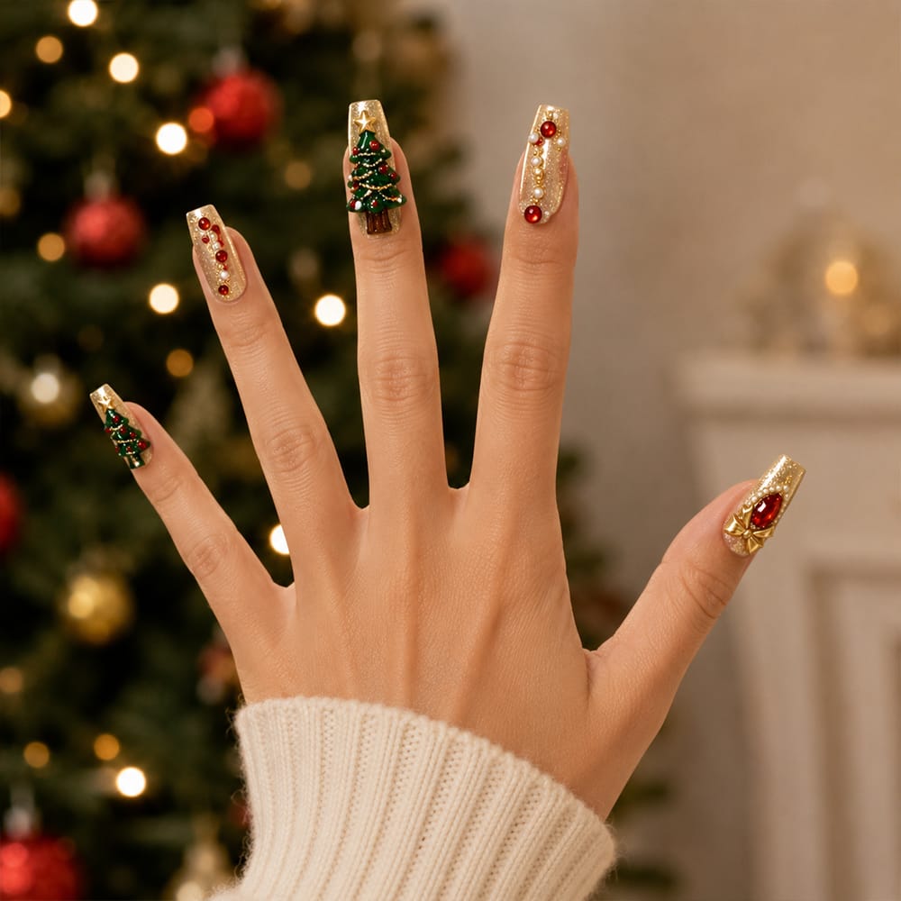 Press on Nails Kentrim Gold Glitter 3D Christmas Tree Red Rhinestone Bow Long Coffin Press On Nails - 30 Pieces, 15 Sizes Gold