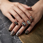 Press on Nails Kentrim Gothic Daisy Cross Metal Ring Short Square Press On Nails - 30 Pieces, 15 Sizes Black