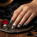 Press on Nails Kentrim Gothic Skull Rose Black Cat Spider Web Long Stiletto Halloween Press On Nails - 24 Pieces 12 Sizes Black