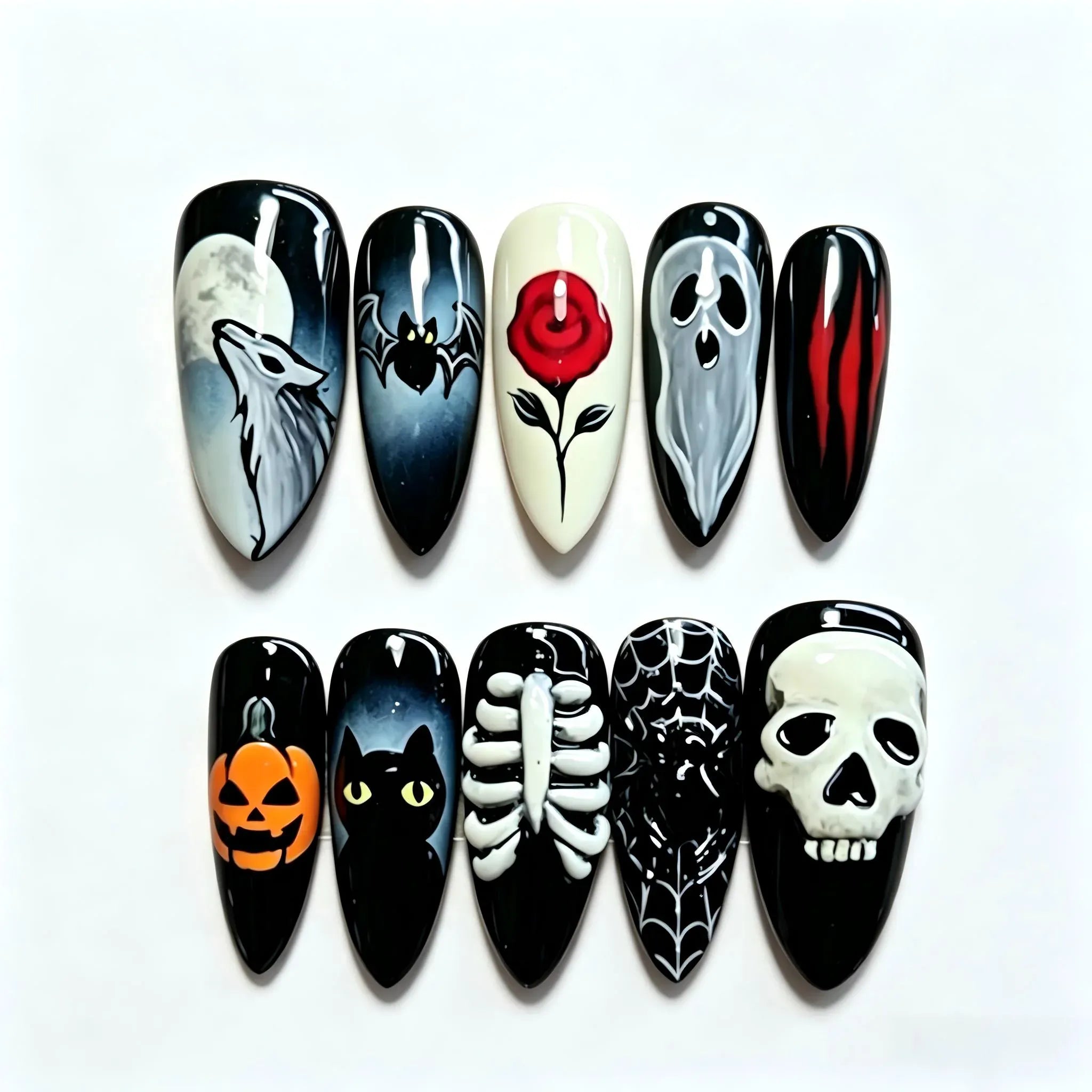 Kentrim Gothic skull rose black cat spider web long stiletto press-on nails with Halloween design, 24-piece set with 12 sizes Main image