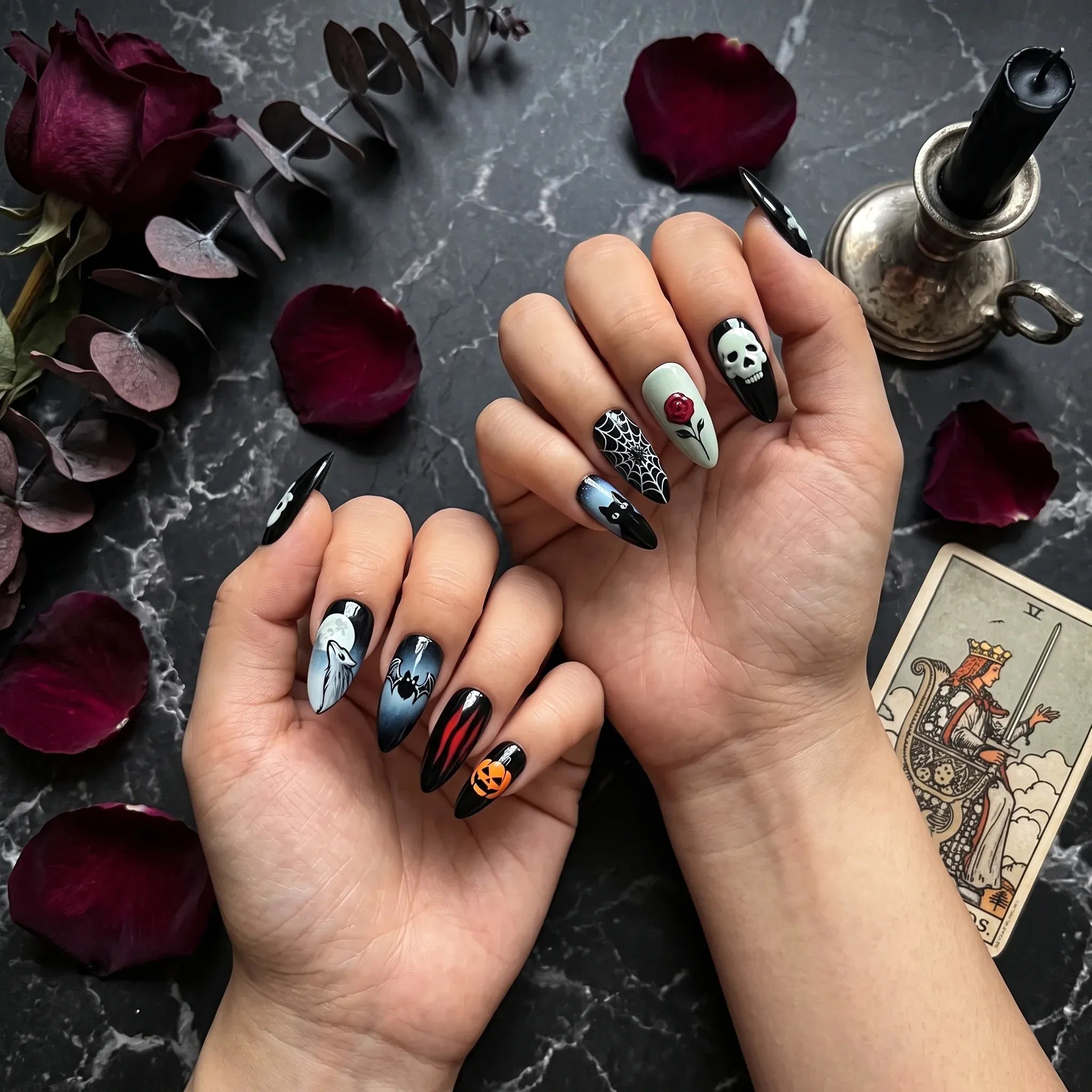 Kentrim Gothic Skull Rose Black Cat Spider Web Long Stiletto Halloween Press On Nails - 24 Pieces 12 Sizes Secondary image