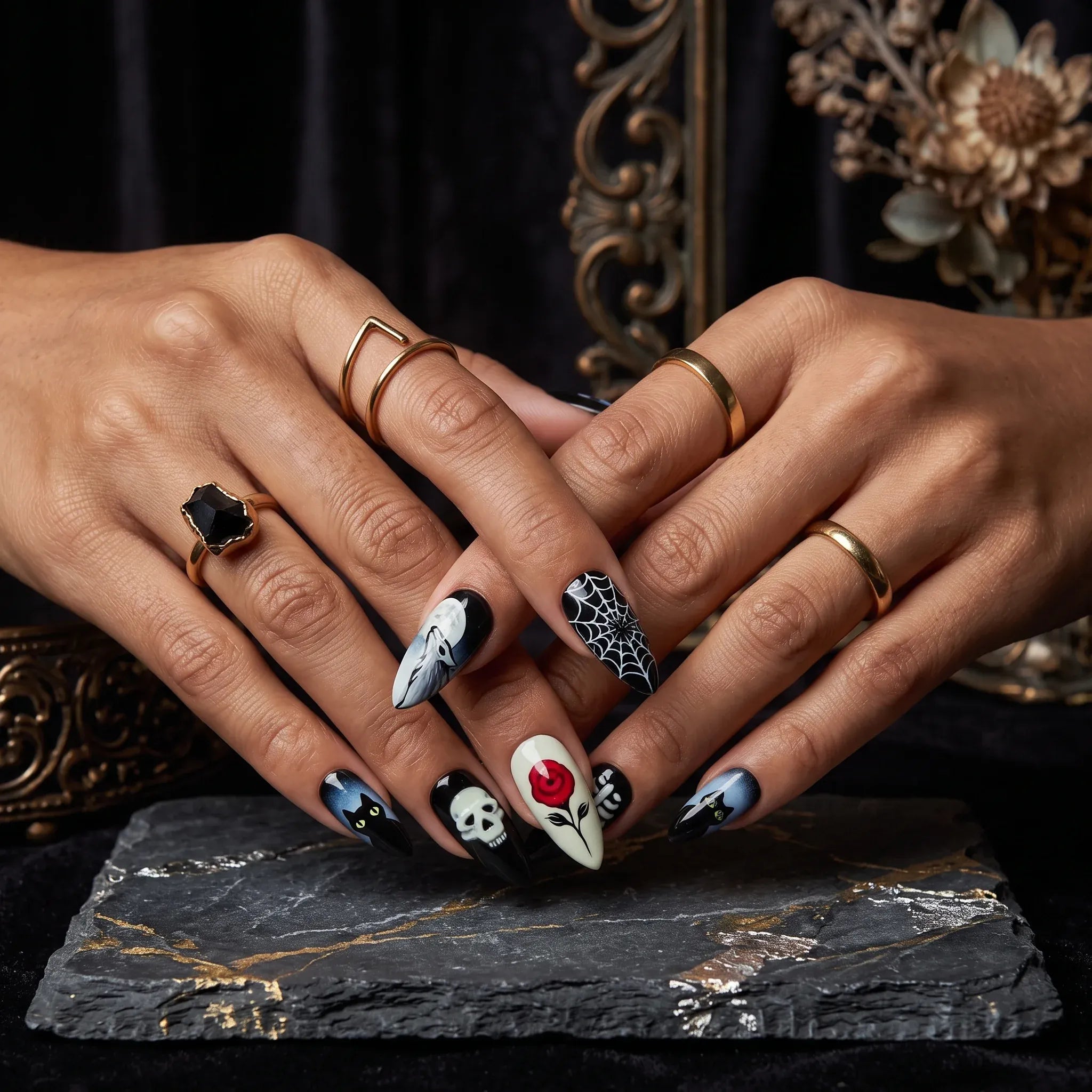 Press on Nails Kentrim Gothic Skull Rose Black Cat Spider Web Long Stiletto Halloween Press On Nails - 24 Pieces 12 Sizes Black