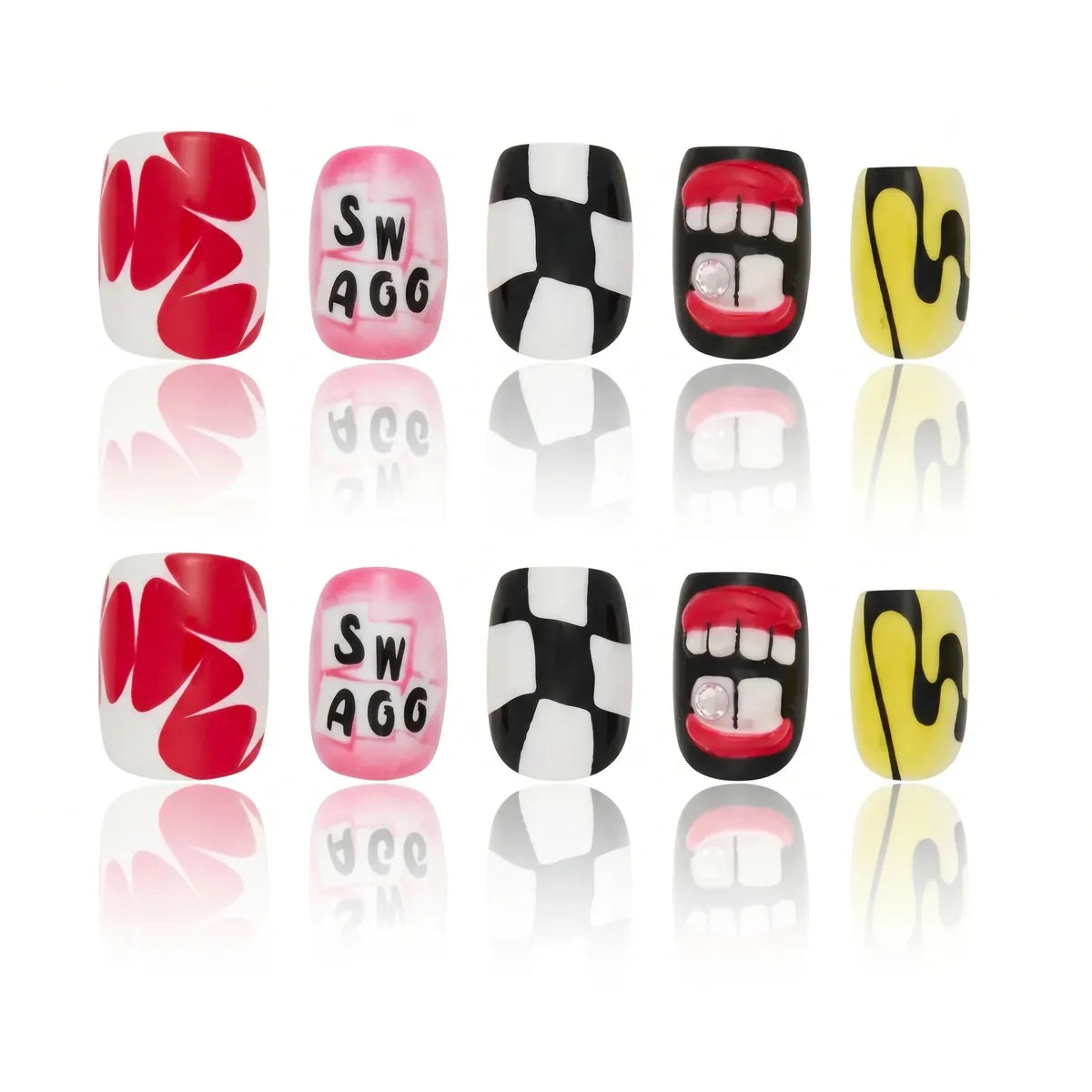 Kentrim Graffiti Checkerboard Funny Mouth Short Square Press On Nails - 30 Pieces, 15 Sizes Secondary image