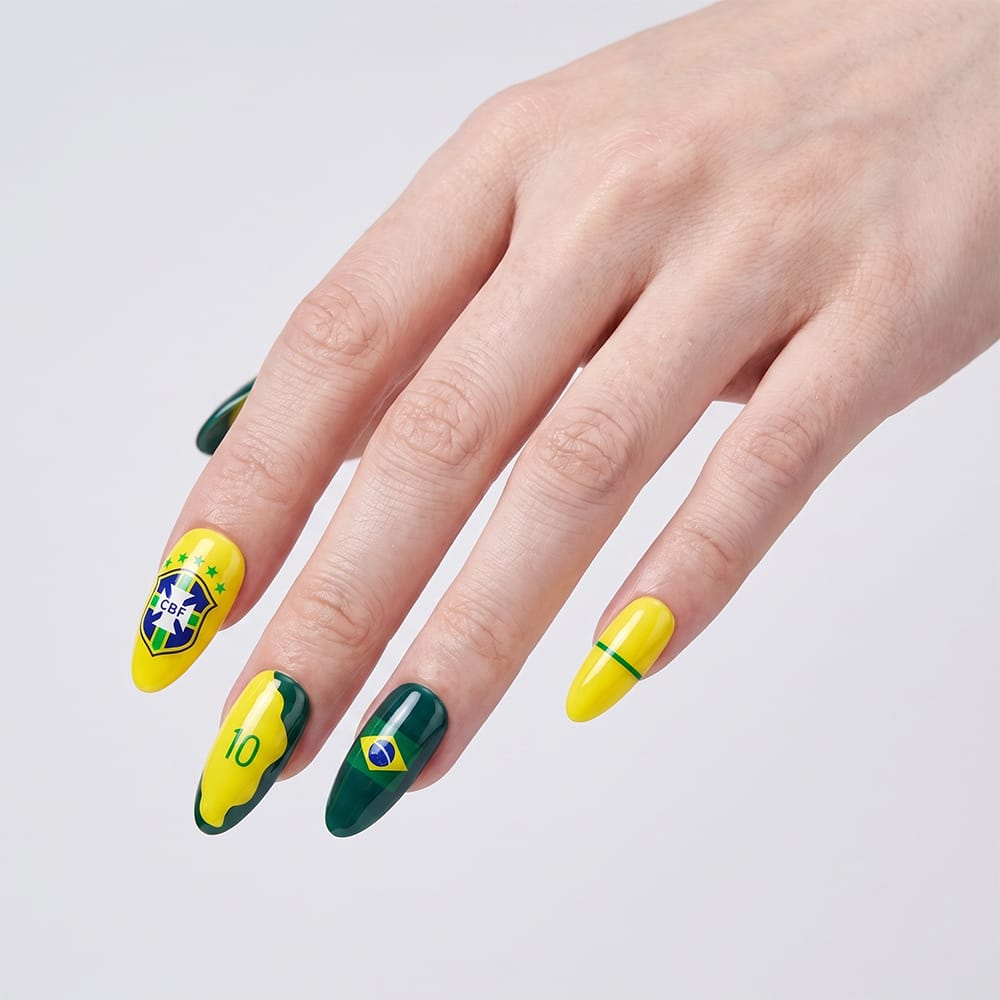 Kentrim Green Yellow Blue Number Star Sports Fan Long Almond Press On Nails - 24 Pieces 12 Sizes Secondary image