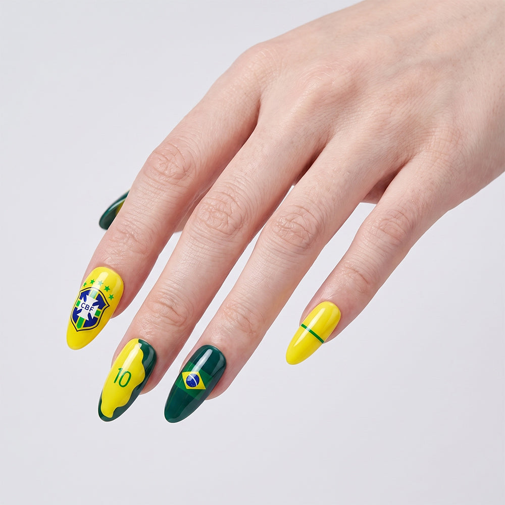Kentrim Green Yellow Blue Number Star Sports Fan Long Almond Press On Nails - 24 Pieces 12 Sizes