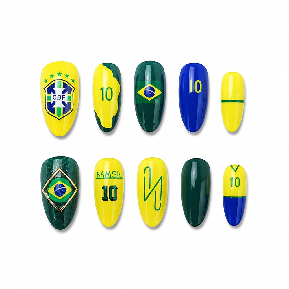 Kentrim Green Yellow Blue Number Star Sports Fan Long Almond Press On Nails - 24 Pieces 12 Sizes - Kentrim Main image
