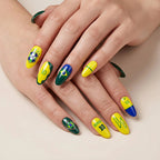 Kentrim Green Yellow Blue Number Star Sports Fan Long Almond Press On Nails - 24 Pieces 12 Sizes