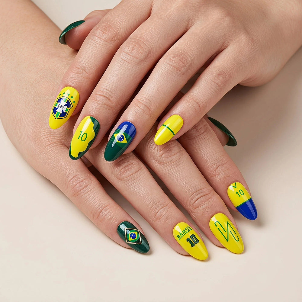 Kentrim Green Yellow Blue Number Star Sports Fan Long Almond Press On Nails - 24 Pieces 12 Sizes