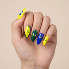 Kentrim Green Yellow Blue Number Star Sports Fan Long Almond Press On Nails - 24 Pieces 12 Sizes