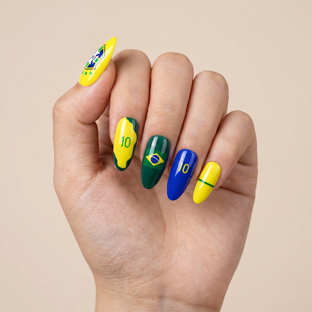 Kentrim Green Yellow Blue Number Star Sports Fan Long Almond Press On Nails - 24 Pieces 12 Sizes