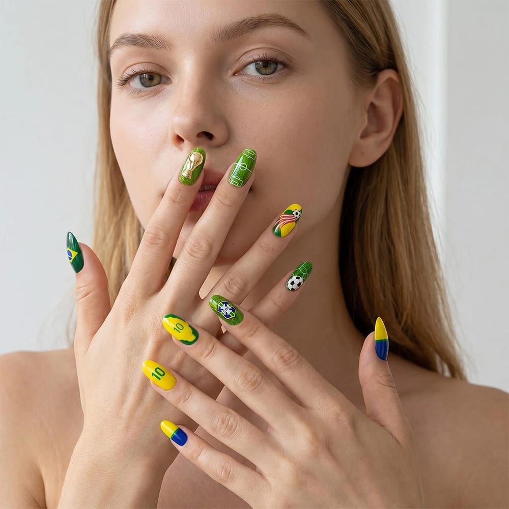 Kentrim Green Yellow Soccer Sport Long Almond Press On Nails - 24 Pieces 12 Sizes Secondary image