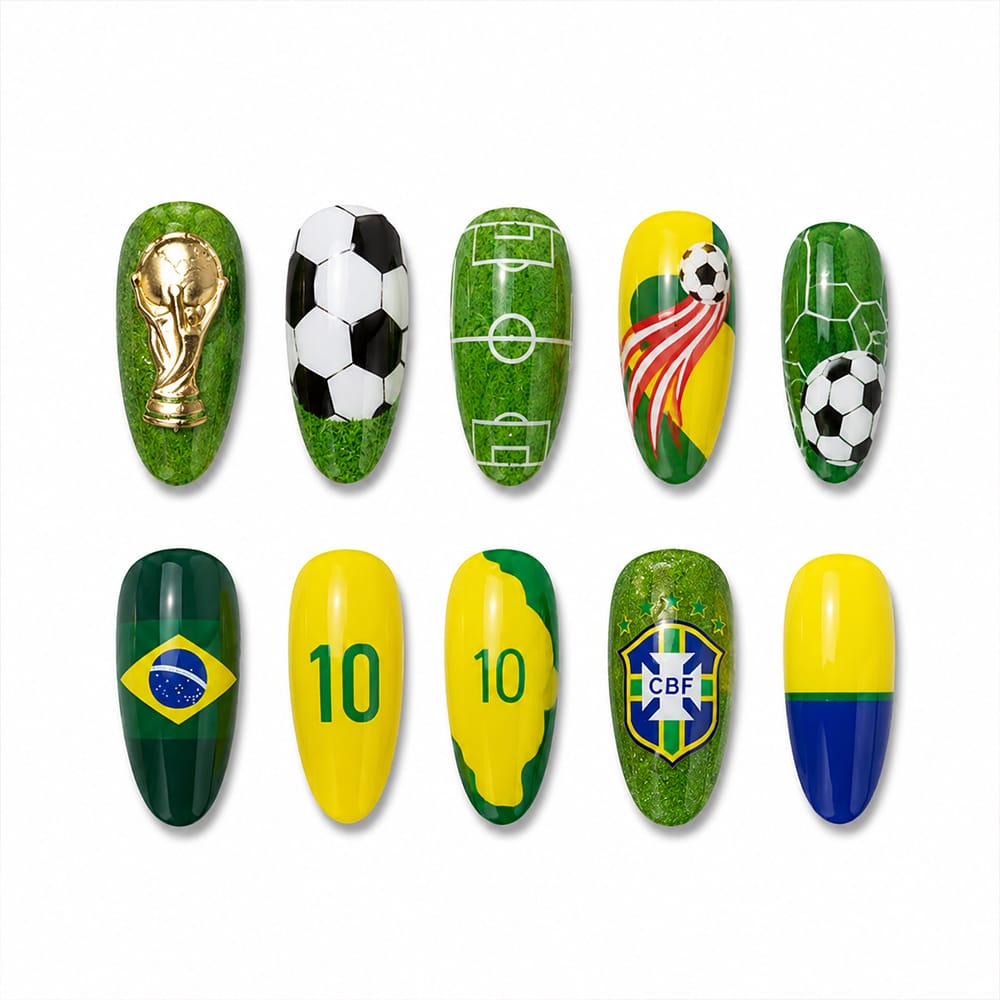 Kentrim Green Yellow Soccer Sport Long Almond Press On Nails - 24 Pieces 12 Sizes - Kentrim Main image