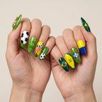 Kentrim Green Yellow Soccer Sport Long Almond Press On Nails - 24 Pieces 12 Sizes
