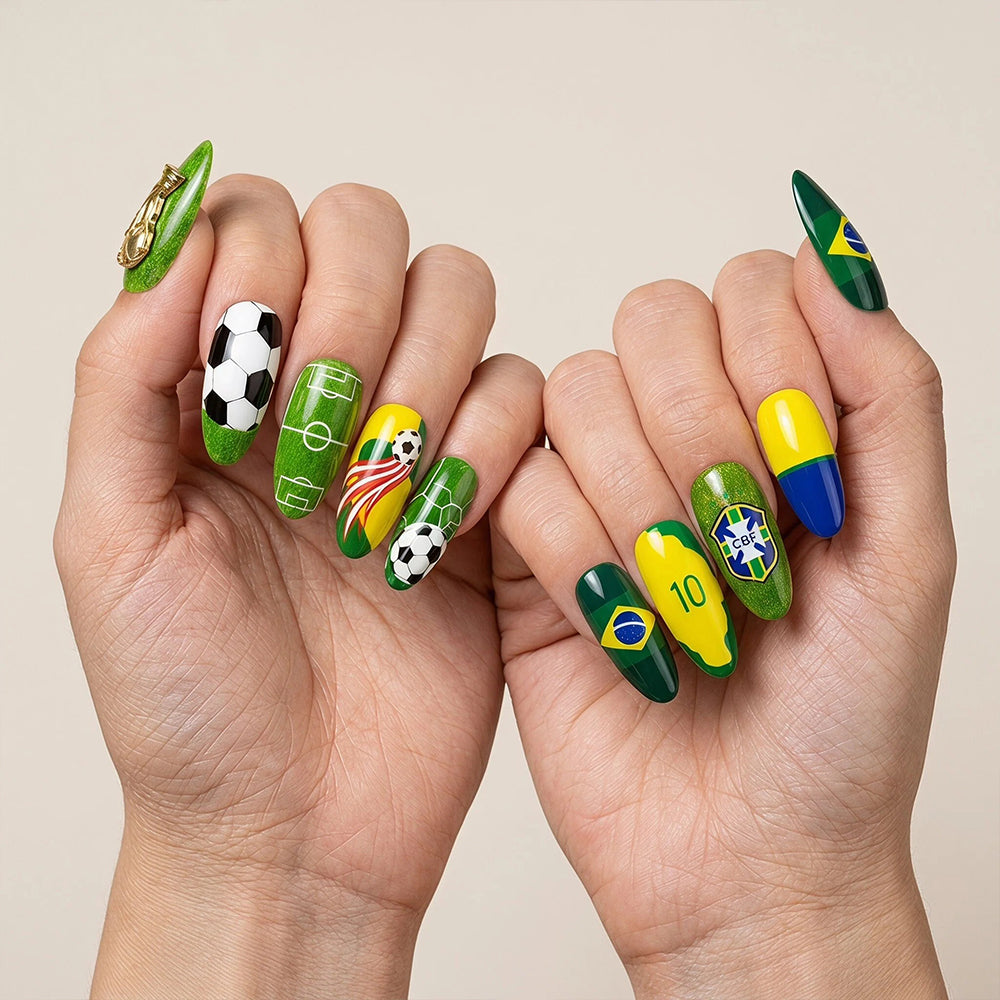 Kentrim Green Yellow Soccer Sport Long Almond Press On Nails - 24 Pieces 12 Sizes