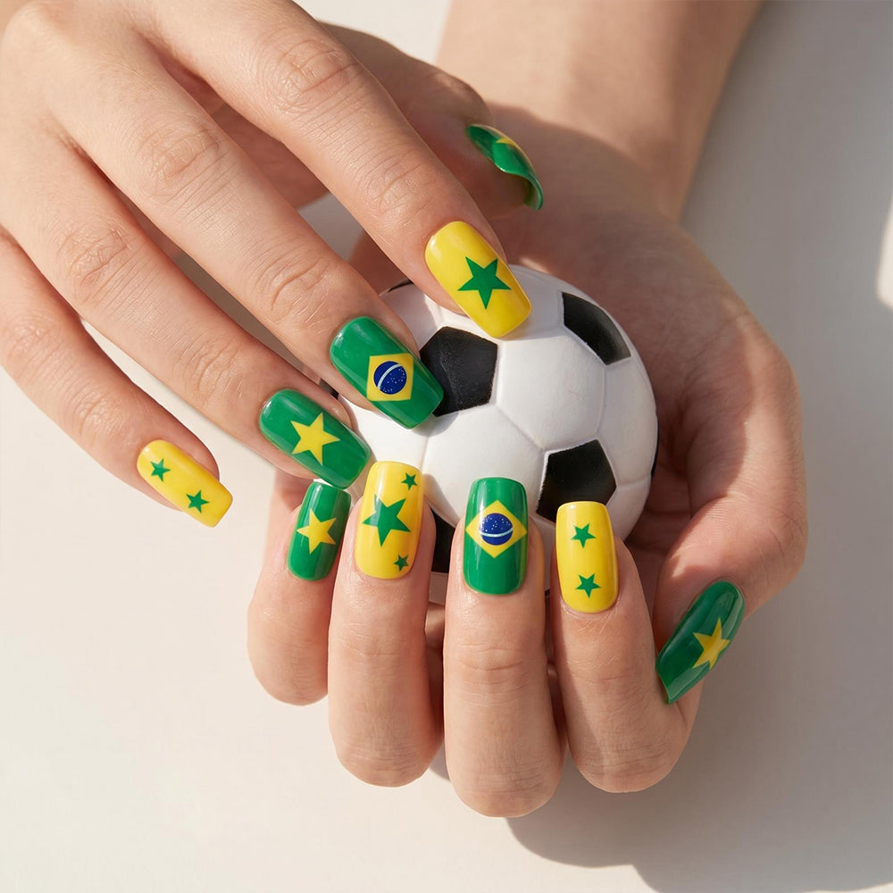 Kentrim Green Yellow Star Medium Short Square Press On Nails - 24 Pieces 12 Sizes Secondary image