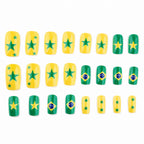 Kentrim Green Yellow Star Medium Short Square Press On Nails - 24 Pieces 12 Sizes