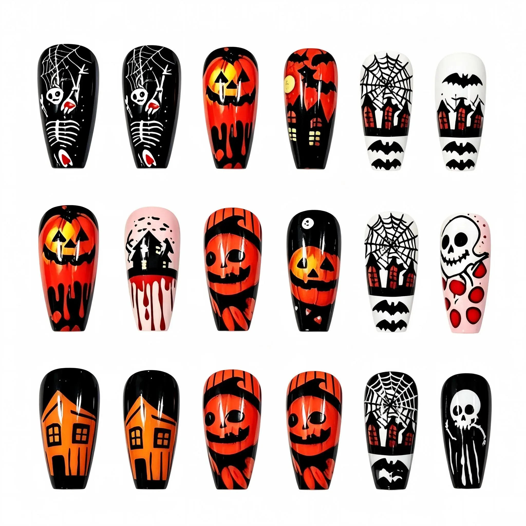 Kentrim Halloween coffin press-on nails featuring pumpkin, skeleton, spider web designs in 12 sizes, 24-piece set. Main image