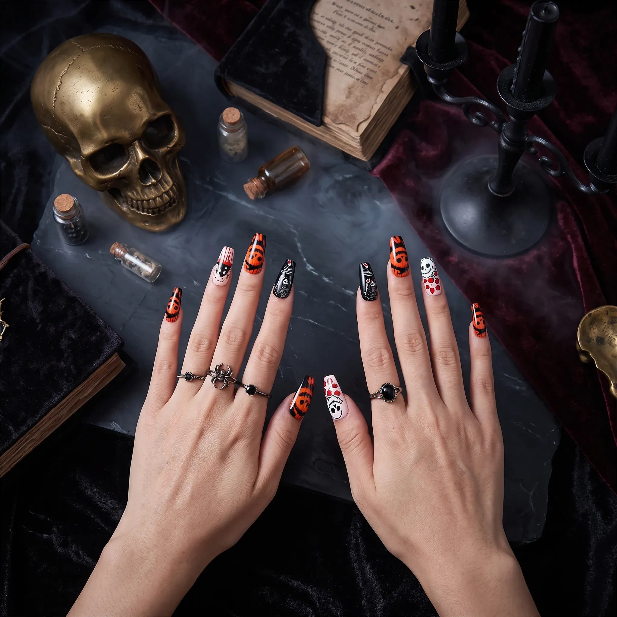 Kentrim Halloween Pumpkin Skeleton Spider Web Long Coffin Press On Nails - 24 Pieces 12 Sizes Secondary image
