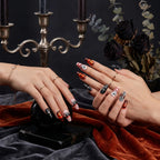 Press on Nails Kentrim Halloween Pumpkin Skeleton Spider Web Long Coffin Press On Nails - 24 Pieces 12 Sizes Red