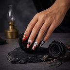 Press on Nails Kentrim Halloween Pumpkin Skeleton Spider Web Long Coffin Press On Nails - 24 Pieces 12 Sizes Red