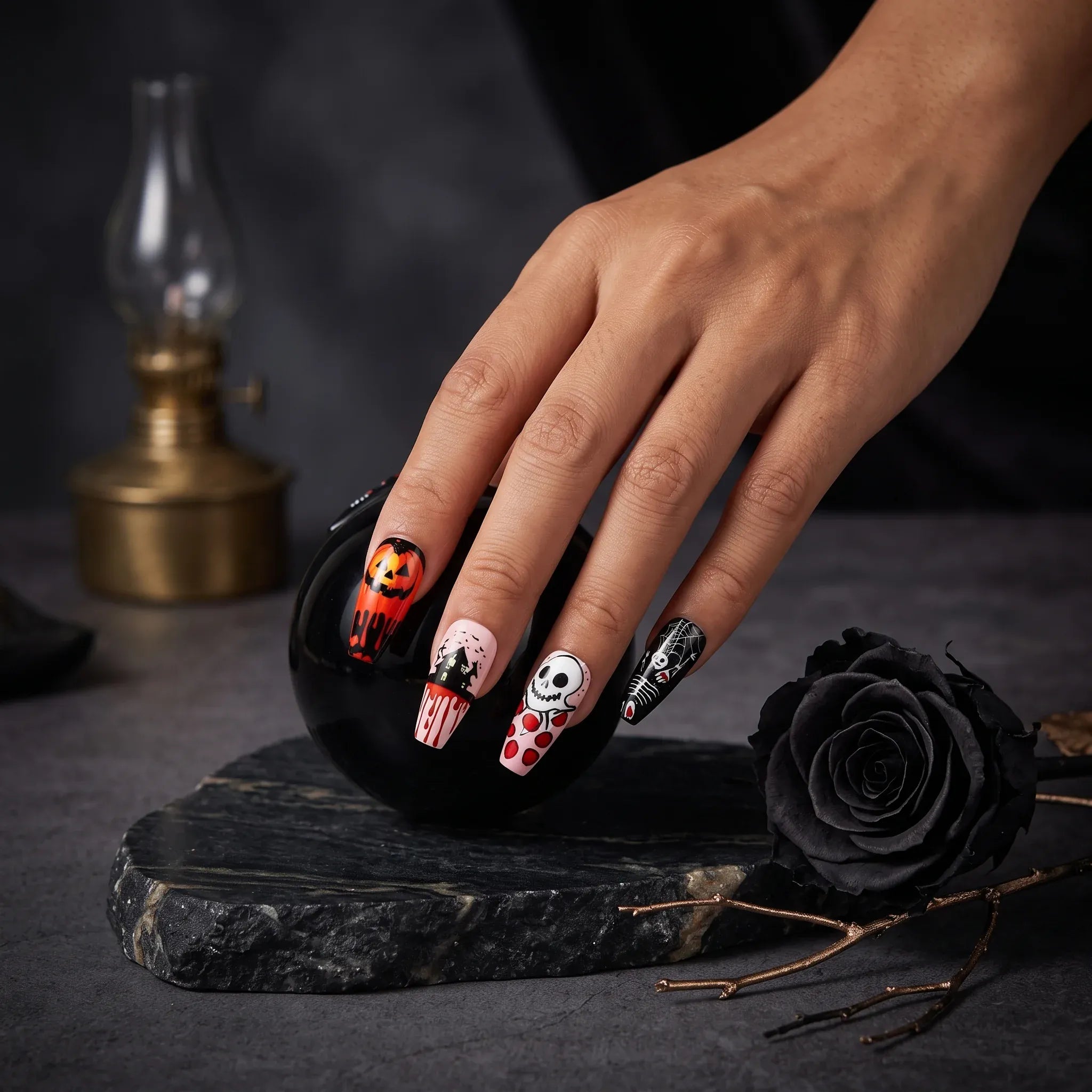 Press on Nails Kentrim Halloween Pumpkin Skeleton Spider Web Long Coffin Press On Nails - 24 Pieces 12 Sizes Red