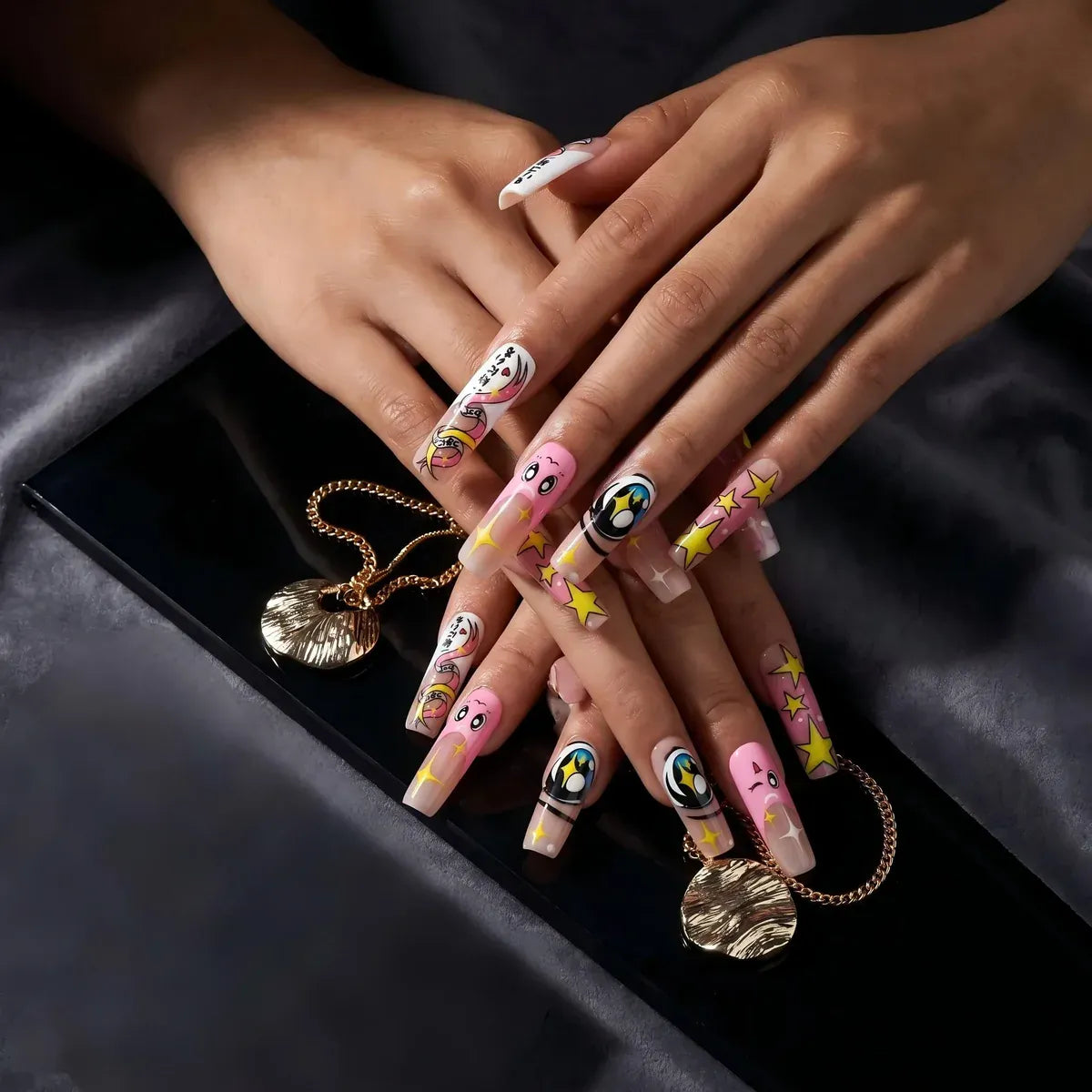 Press on Nails Kentrim Anime Eye Star Coffin Press On Nails - 30 Pieces (15 Sizes) Pink