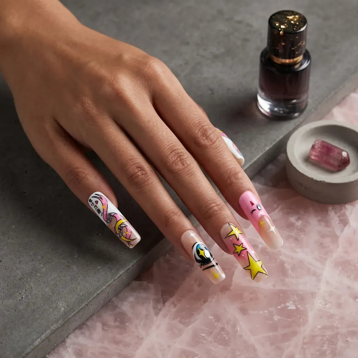 Press on Nails Kentrim Anime Eye Star Coffin Press On Nails - 30 Pieces (15 Sizes) Pink
